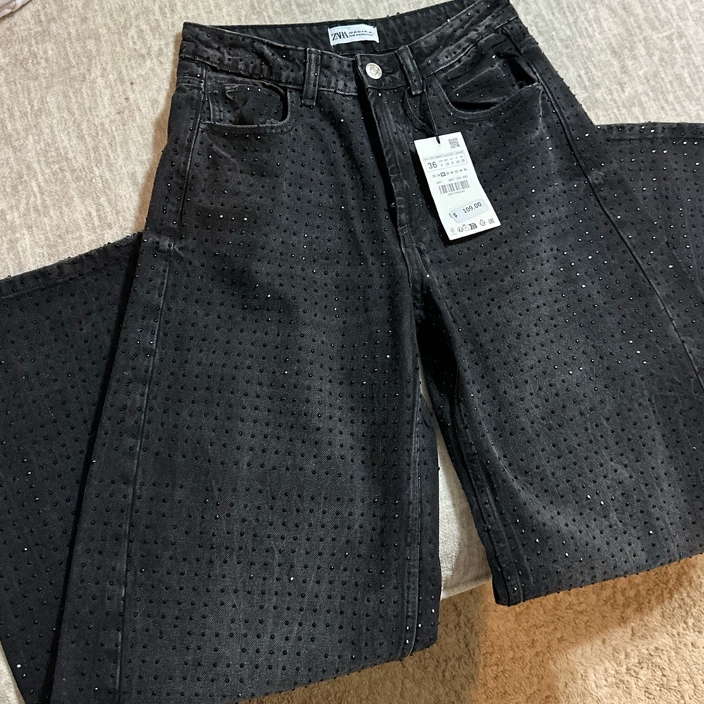 Zara Black Wide Leg Jeans with Studded Accents